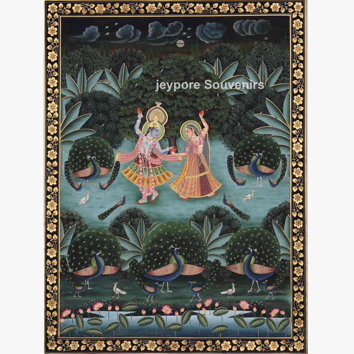 Krishna &amp; Radha Dance Scene with Peacocks in a Garden - Painting