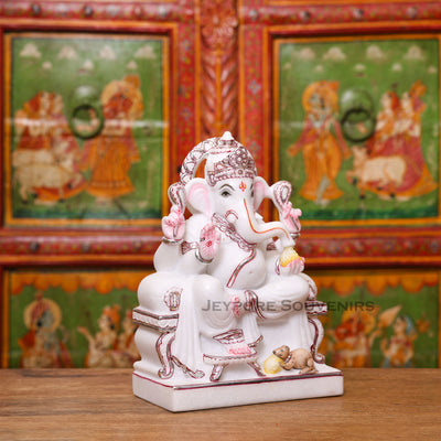 12" Handcrafted White Marble Lord Ganesha Idol