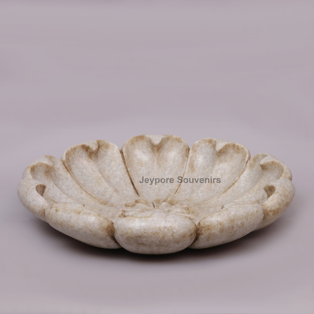 Handcrafted White Marble Lotus Flower-Petal Urli Bowl
