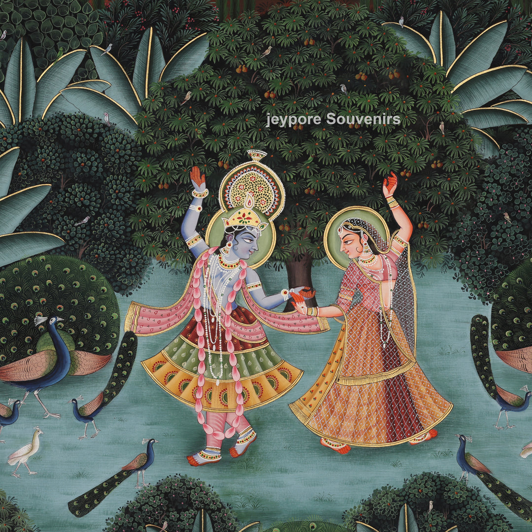 Krishna &amp; Radha Dance Scene with Peacocks in a Garden - Painting