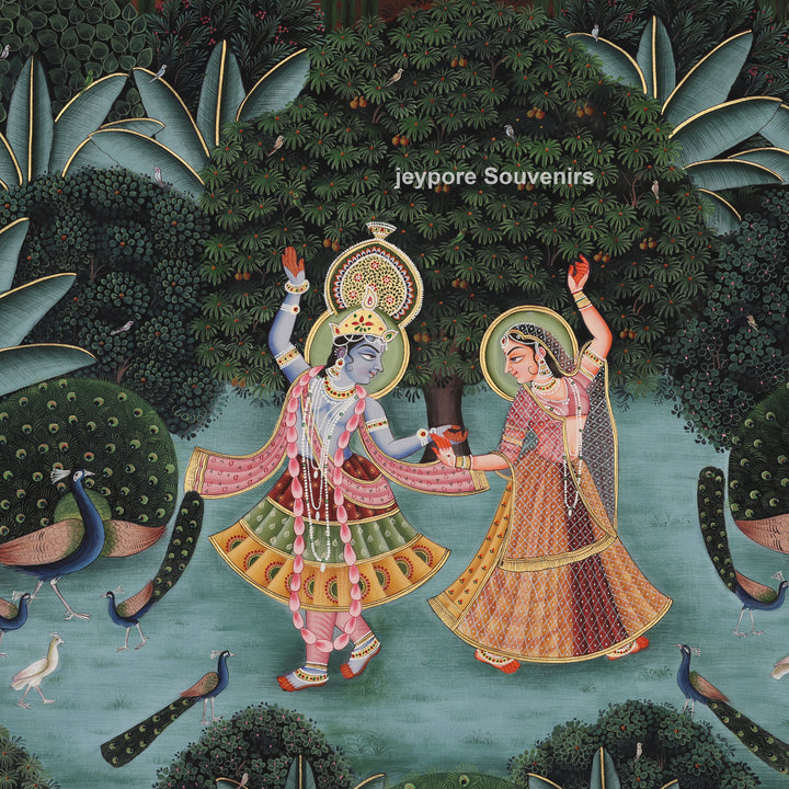 Krishna &amp; Radha Dance Scene with Peacocks in a Garden - Painting
