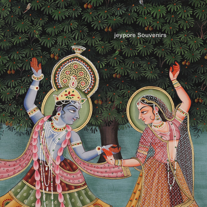 Krishna &amp; Radha Dance Scene with Peacocks in a Garden - Painting