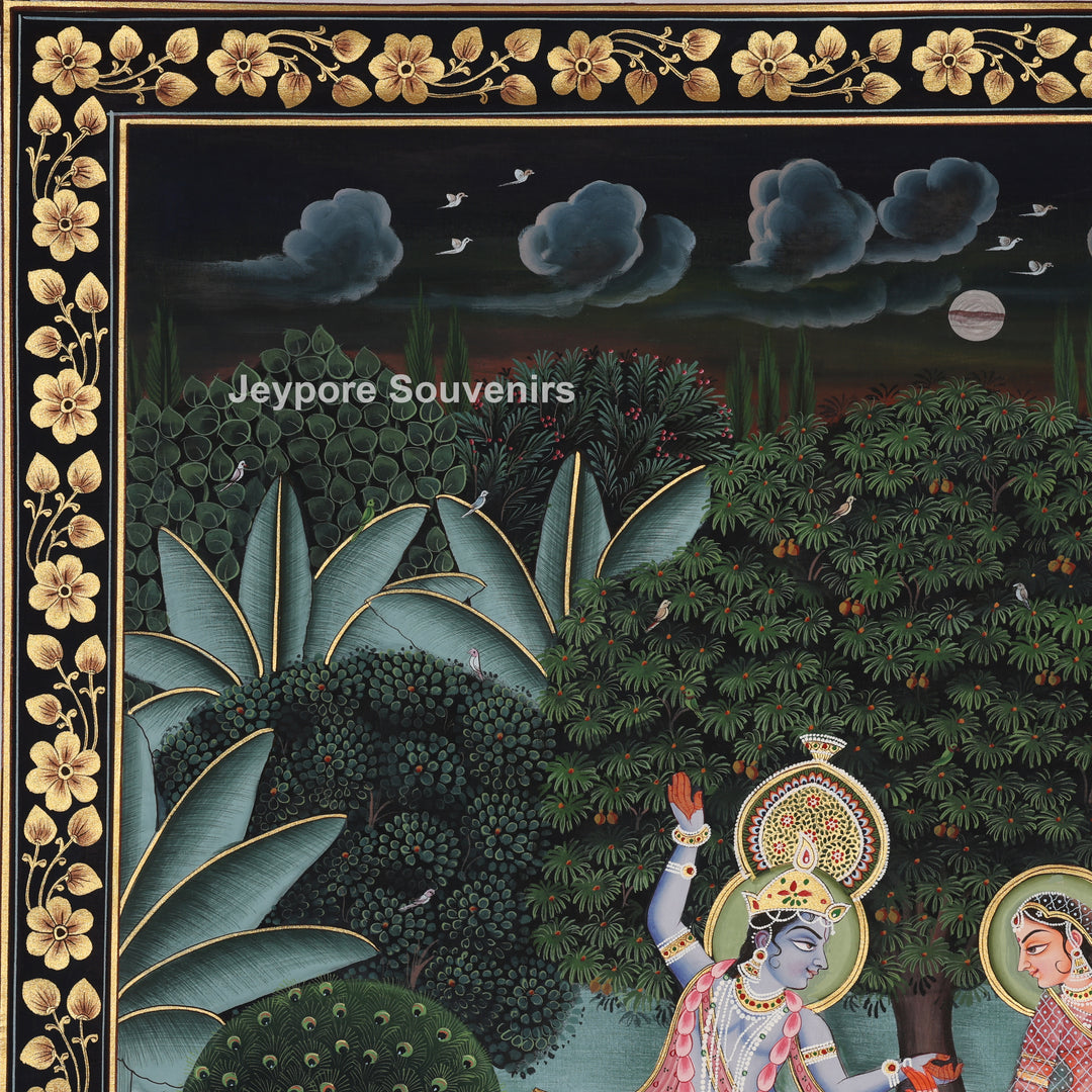 Krishna &amp; Radha Dance Scene with Peacocks in a Garden - Painting