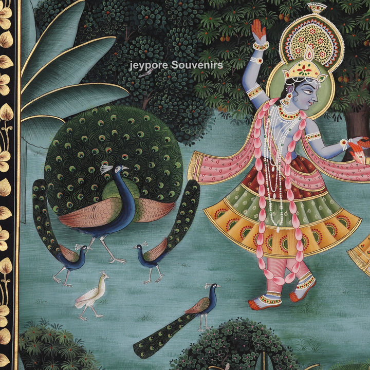Krishna &amp; Radha Dance Scene with Peacocks in a Garden - Painting