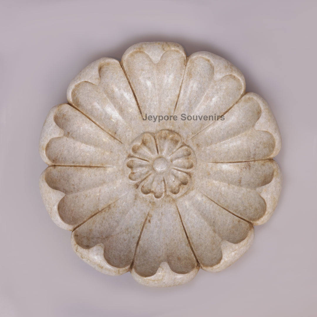 Handcrafted White Marble Lotus Flower-Petal Urli Bowl