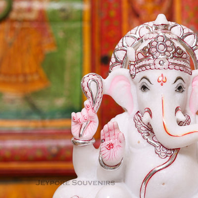 12" Handcrafted White Marble Lord Ganesha Idol