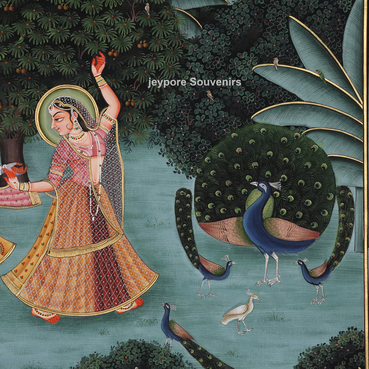 Krishna &amp; Radha Dance Scene with Peacocks in a Garden - Painting