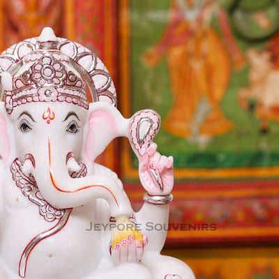 12" Handcrafted White Marble Lord Ganesha Idol