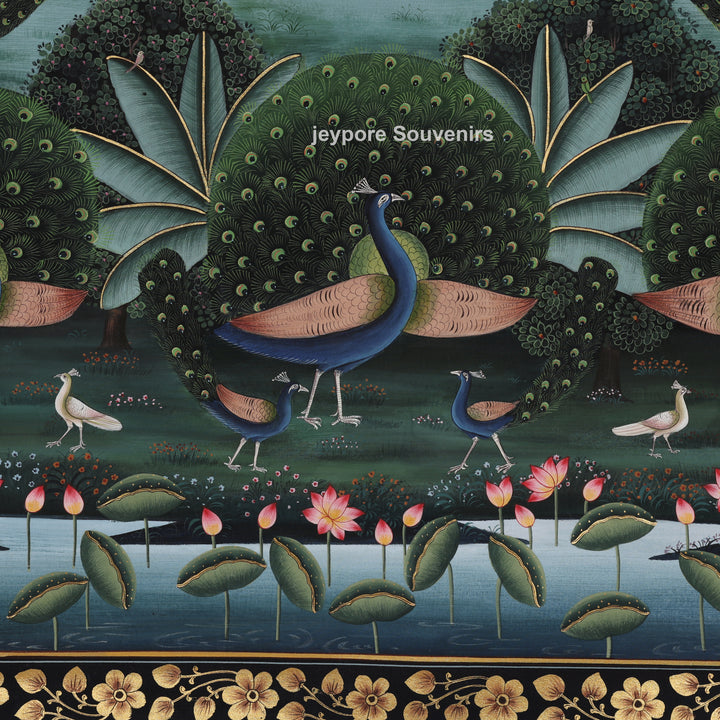 Krishna &amp; Radha Dance Scene with Peacocks in a Garden - Painting
