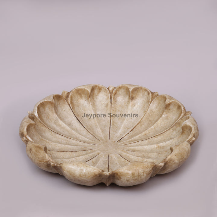 Hand-Carved White Marble Lotus Urli Bowl with Scalloped Petal Design