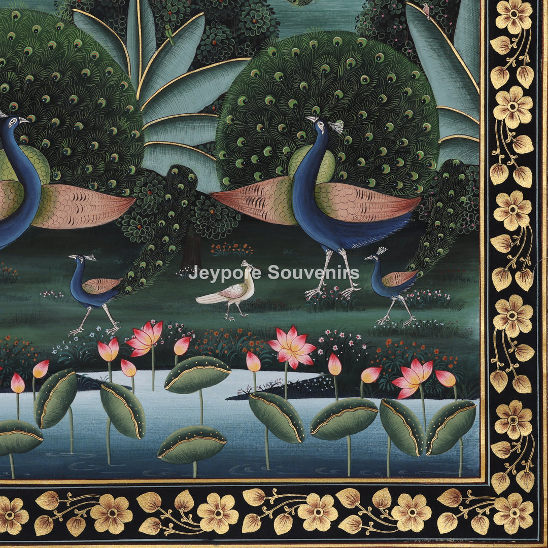 Krishna &amp; Radha Dance Scene with Peacocks in a Garden - Painting