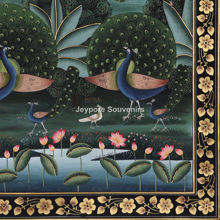 Krishna &amp; Radha Dance Scene with Peacocks in a Garden - Painting