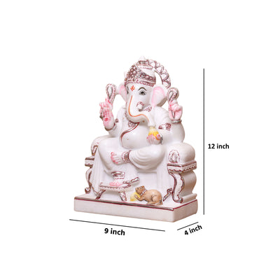 12" Handcrafted White Marble Lord Ganesha Idol