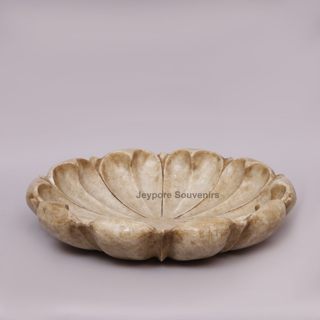 Hand-Carved White Marble Lotus Urli Bowl with Scalloped Petal Design