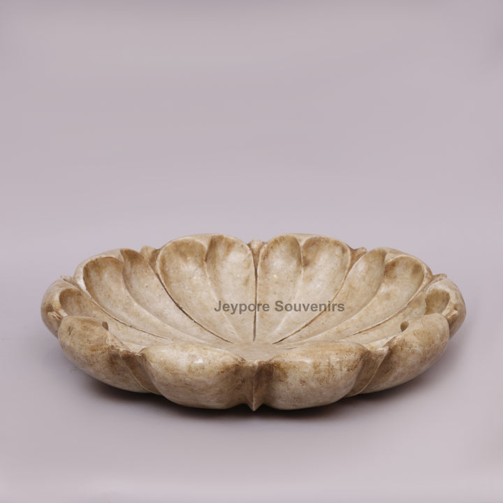 Hand-Carved White Marble Lotus Urli Bowl with Scalloped Petal Design