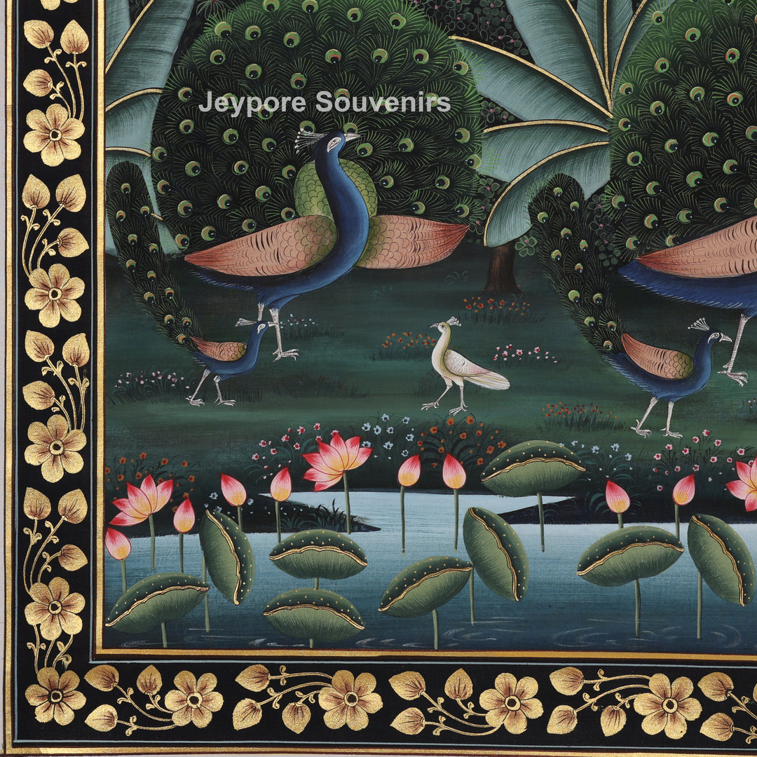 Krishna &amp; Radha Dance Scene with Peacocks in a Garden - Painting