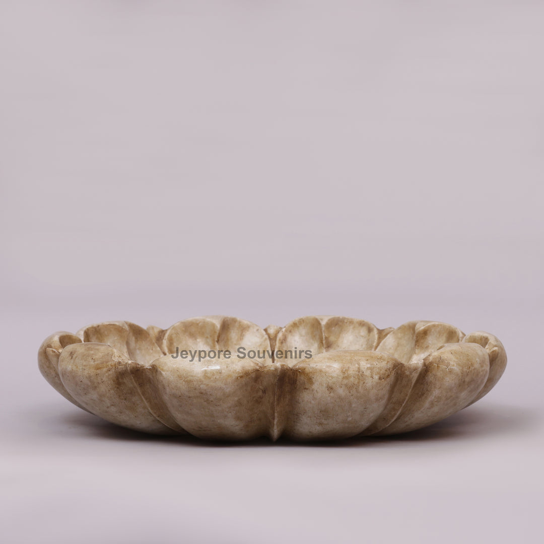 Hand-Carved White Marble Lotus Urli Bowl with Scalloped Petal Design
