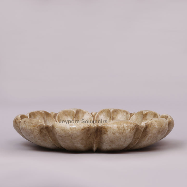 Hand-Carved White Marble Lotus Urli Bowl with Scalloped Petal Design