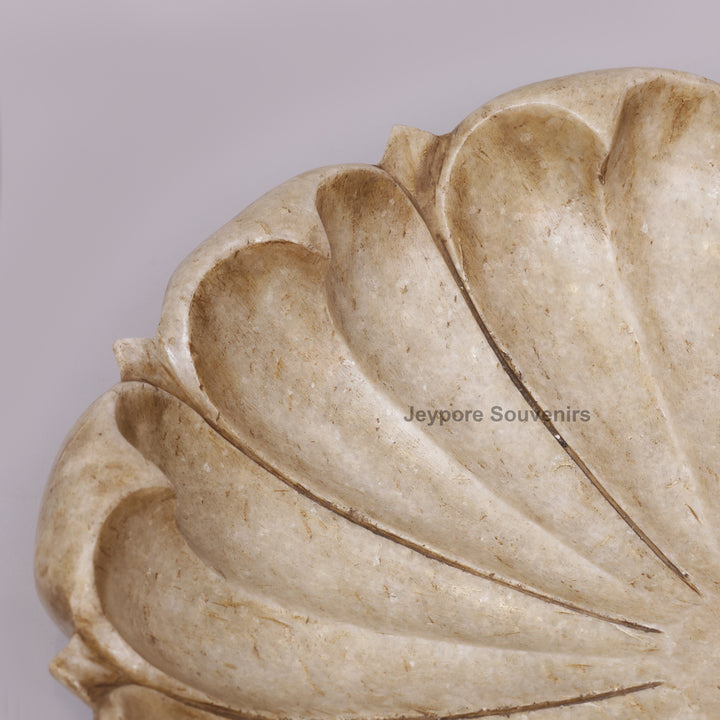 Hand-Carved White Marble Lotus Urli Bowl with Scalloped Petal Design