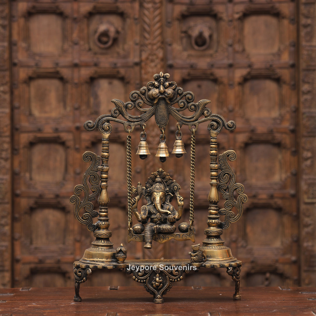 Handcrafted Brass Ganesha Jhula Statue with Hanging Bells &amp; Kirtimukha Arch