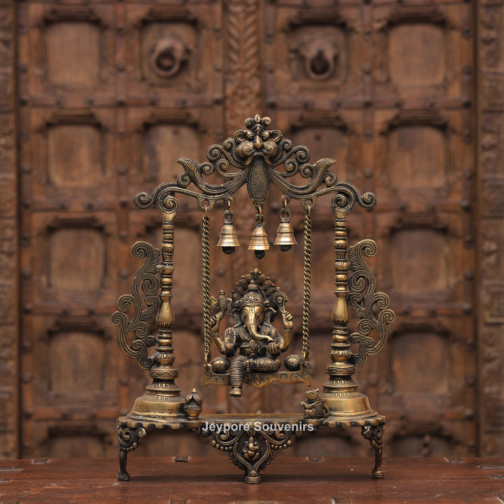 Handcrafted Brass Ganesha Jhula Statue with Hanging Bells &amp; Kirtimukha Arch