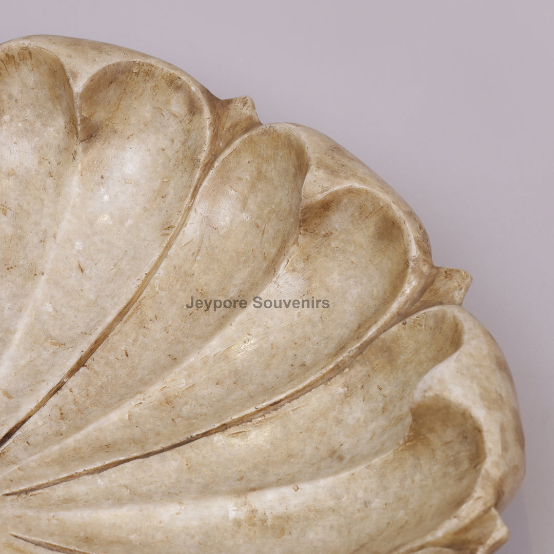 Hand-Carved White Marble Lotus Urli Bowl with Scalloped Petal Design