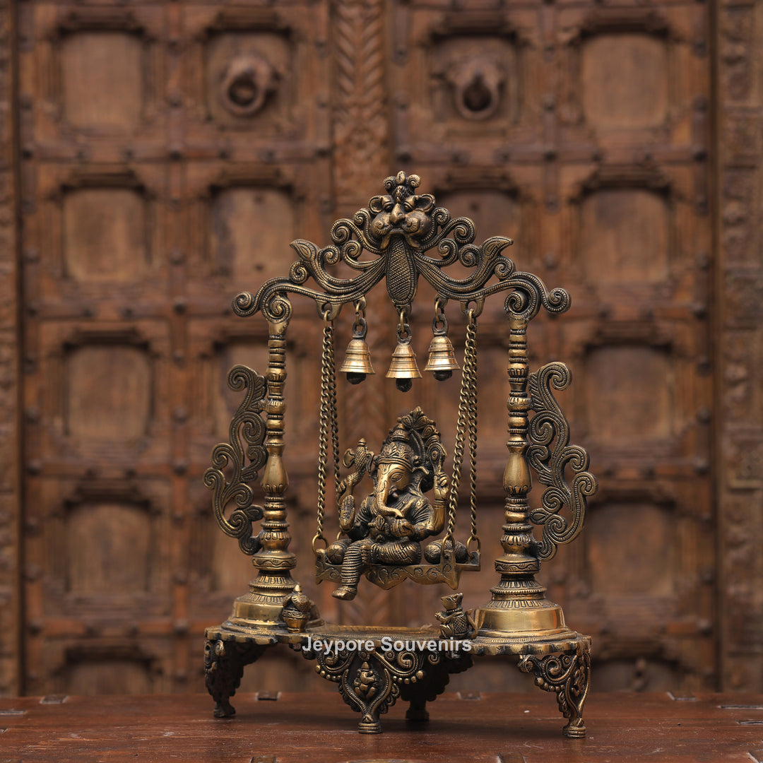 Handcrafted Brass Ganesha Jhula Statue with Hanging Bells &amp; Kirtimukha Arch