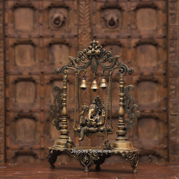 Handcrafted Brass Ganesha Jhula Statue with Hanging Bells &amp; Kirtimukha Arch