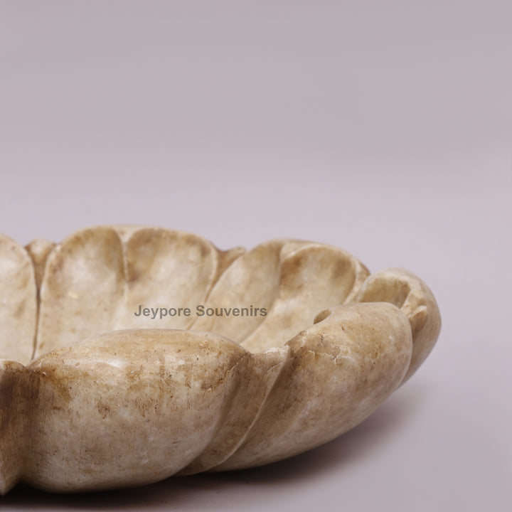 Hand-Carved White Marble Lotus Urli Bowl with Scalloped Petal Design