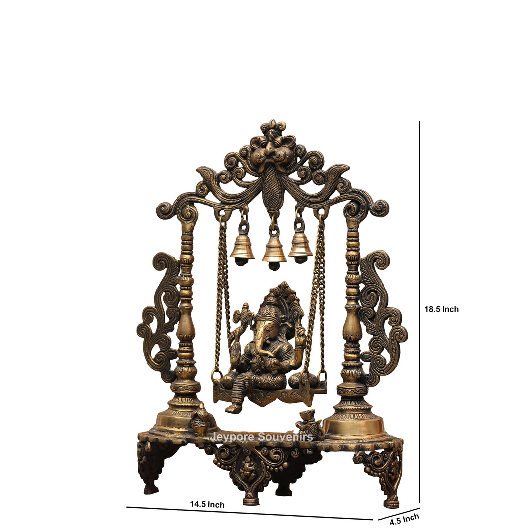 Handcrafted Brass Ganesha Jhula Statue with Hanging Bells &amp; Kirtimukha Arch