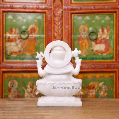 12" Pure White Marble Lord Ganesha Idol in Lotus Shape
