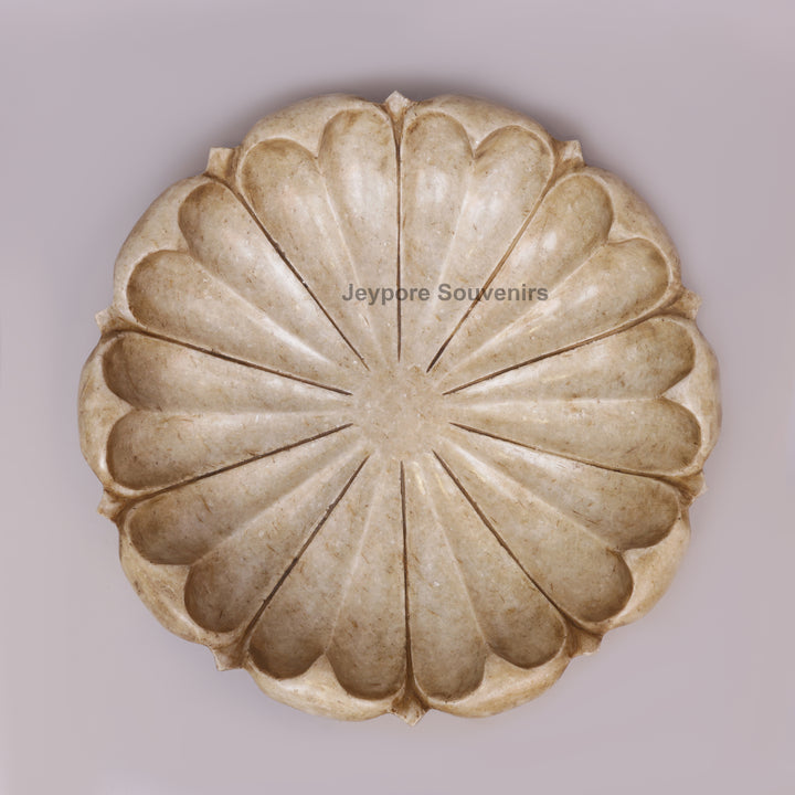 Hand-Carved White Marble Lotus Urli Bowl with Scalloped Petal Design