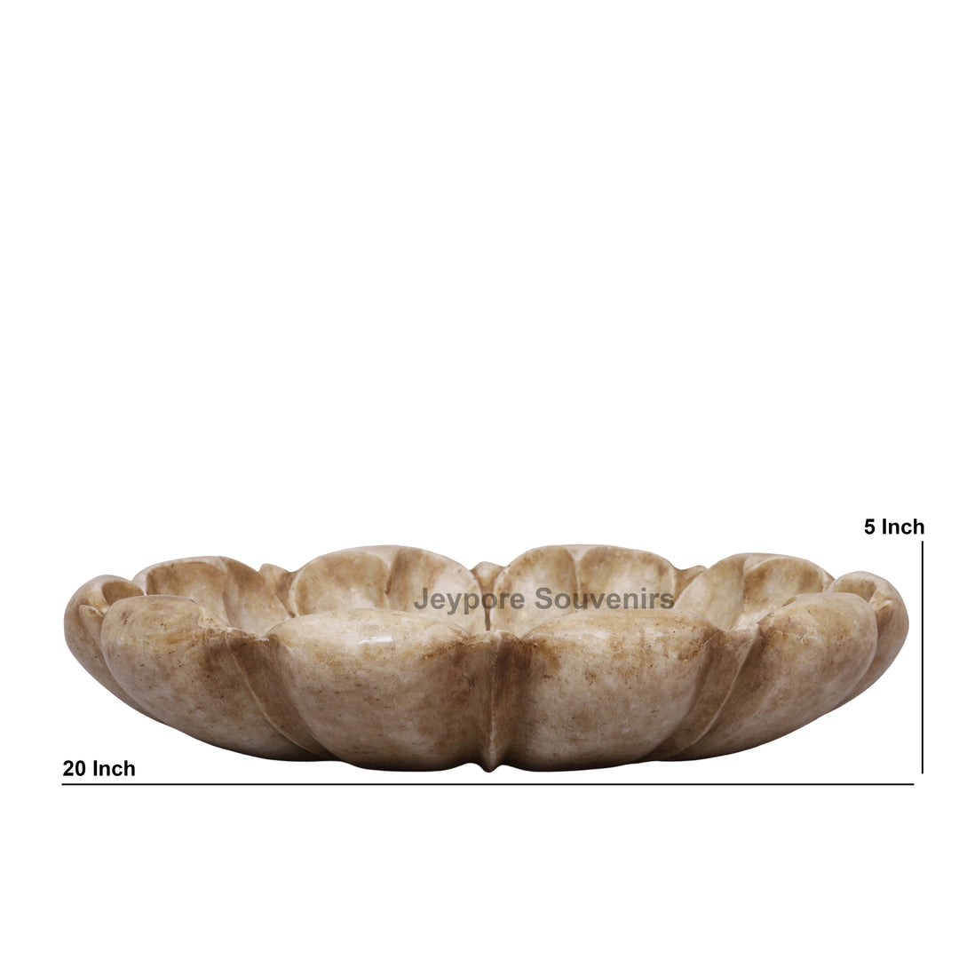 Hand-Carved White Marble Lotus Urli Bowl with Scalloped Petal Design