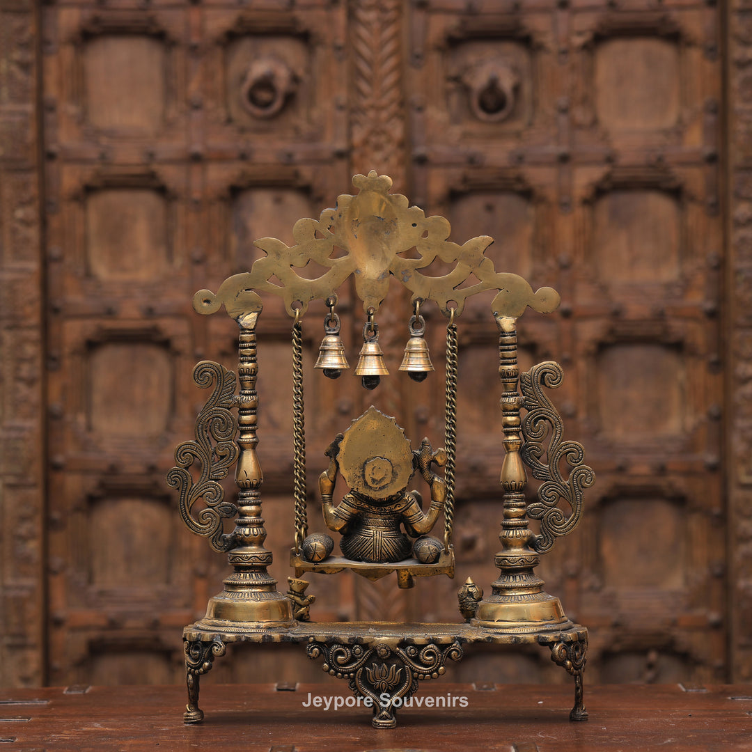 Handcrafted Brass Ganesha Jhula Statue with Hanging Bells &amp; Kirtimukha Arch