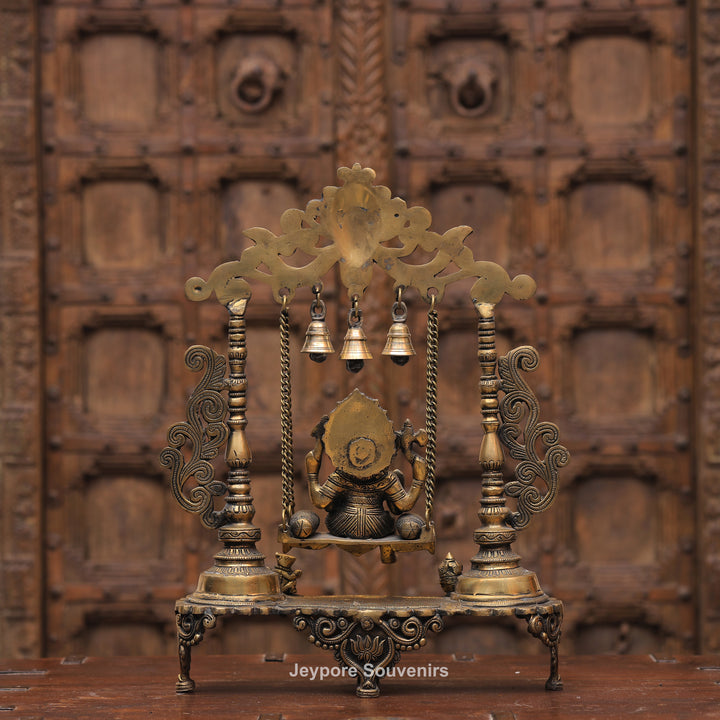 Handcrafted Brass Ganesha Jhula Statue with Hanging Bells &amp; Kirtimukha Arch