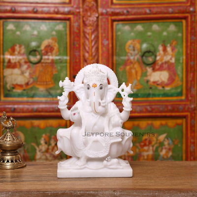 12" Pure White Marble Lord Ganesha Idol in Lotus Shape