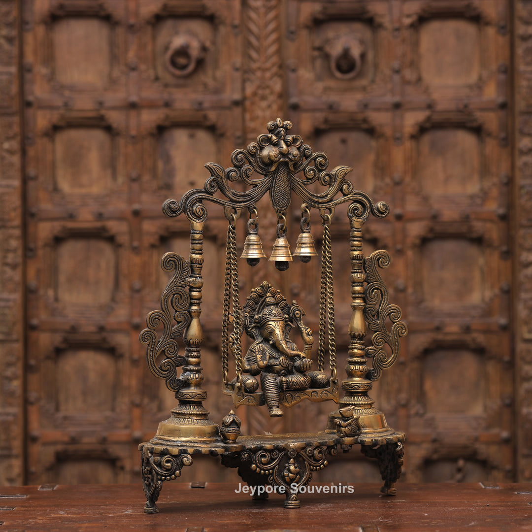 Handcrafted Brass Ganesha Jhula Statue with Hanging Bells &amp; Kirtimukha Arch