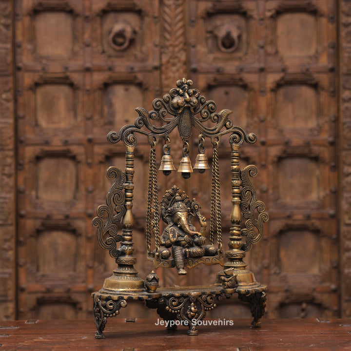 Handcrafted Brass Ganesha Jhula Statue with Hanging Bells &amp; Kirtimukha Arch
