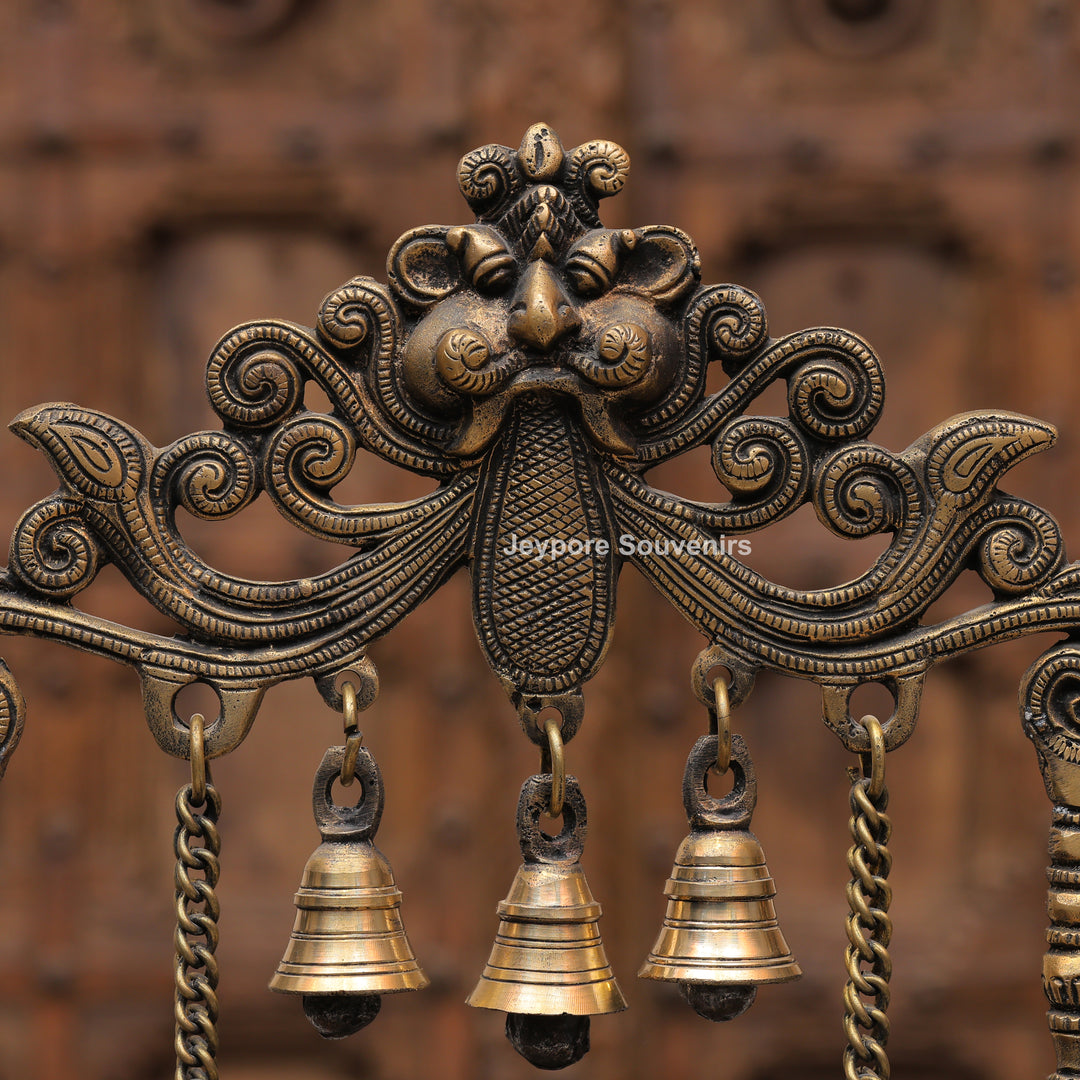 Handcrafted Brass Ganesha Jhula Statue with Hanging Bells &amp; Kirtimukha Arch
