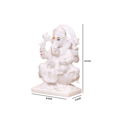 12" Pure White Marble Lord Ganesha Idol in Lotus Shape