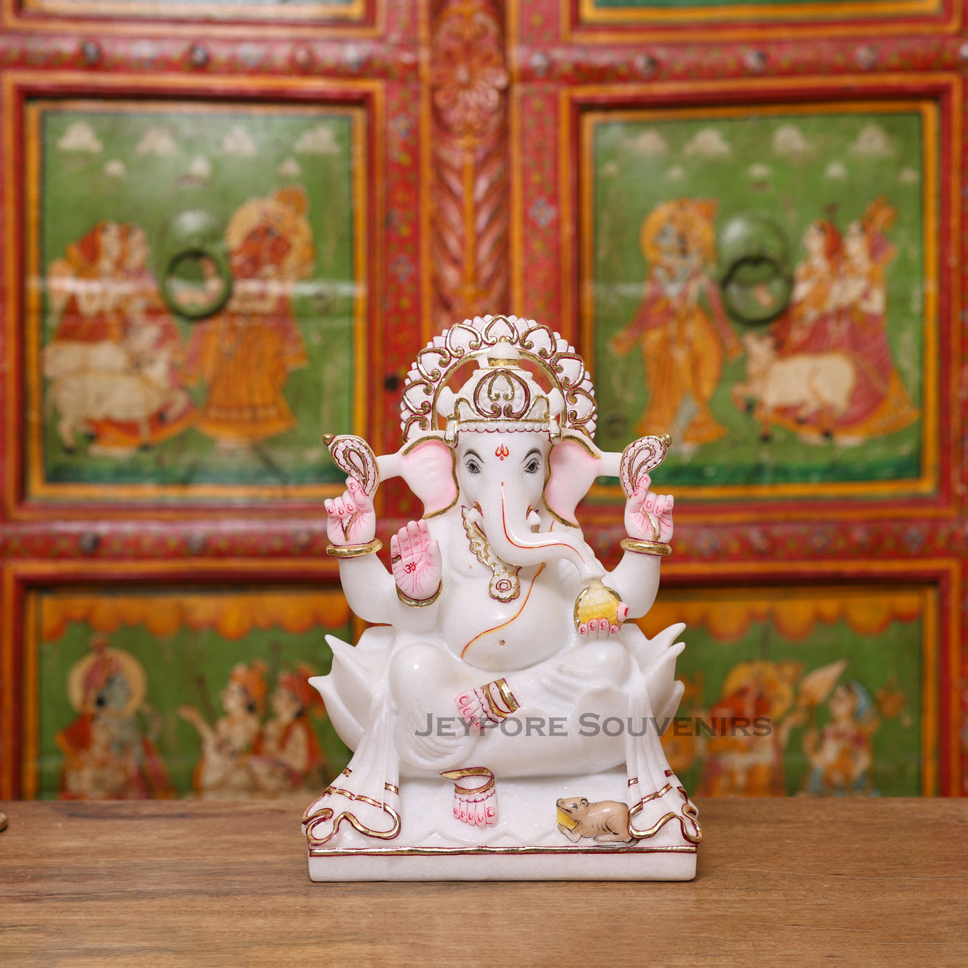 12" Pure White Makrana Marble Lord Ganesha Idol With Cut gold work