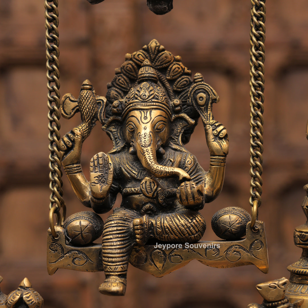 Handcrafted Brass Ganesha Jhula Statue with Hanging Bells &amp; Kirtimukha Arch
