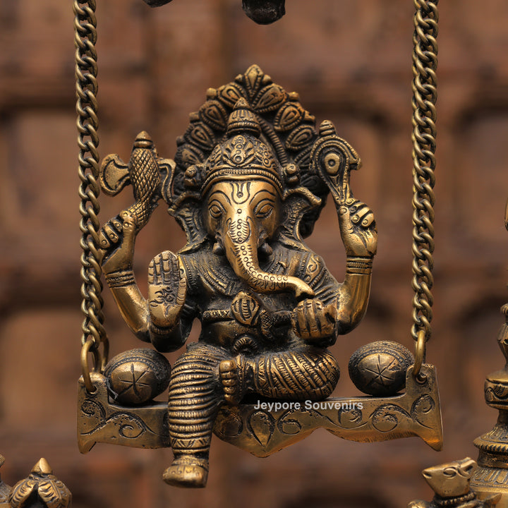 Handcrafted Brass Ganesha Jhula Statue with Hanging Bells &amp; Kirtimukha Arch