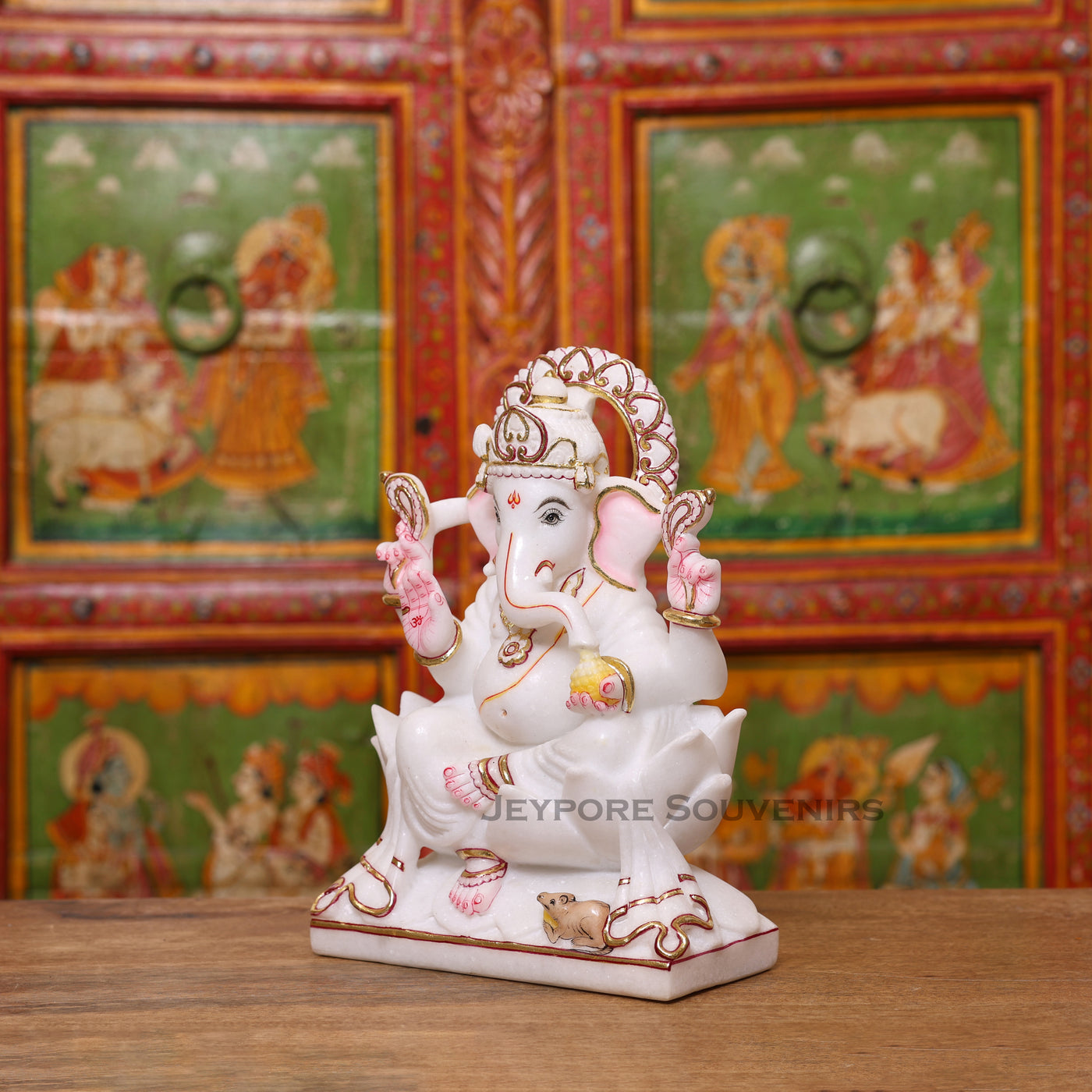12" Pure White Makrana Marble Lord Ganesha Idol With Cut gold work
