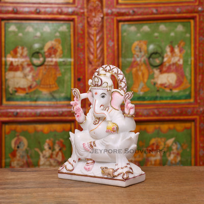 12" Pure White Makrana Marble Lord Ganesha Idol With Cut gold work