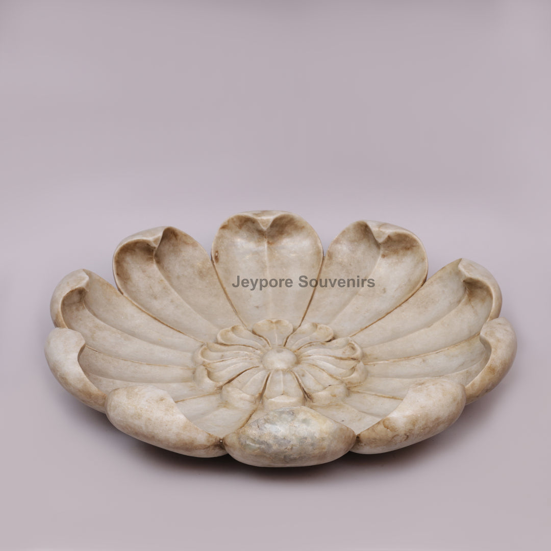 White Marble Lotus Flower-Petal Urli Bowl For Home Decor