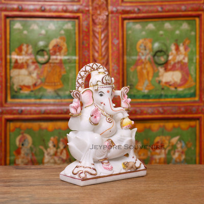 12" Pure White Makrana Marble Lord Ganesha Idol With Cut gold work