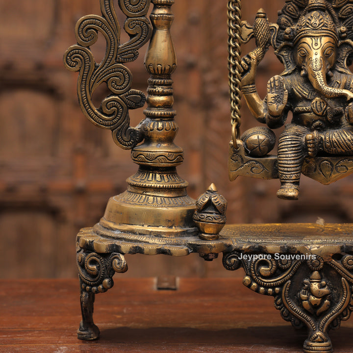 Handcrafted Brass Ganesha Jhula Statue with Hanging Bells &amp; Kirtimukha Arch