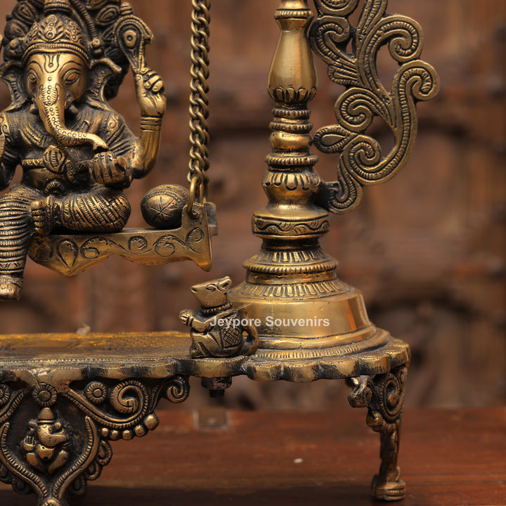Handcrafted Brass Ganesha Jhula Statue with Hanging Bells &amp; Kirtimukha Arch