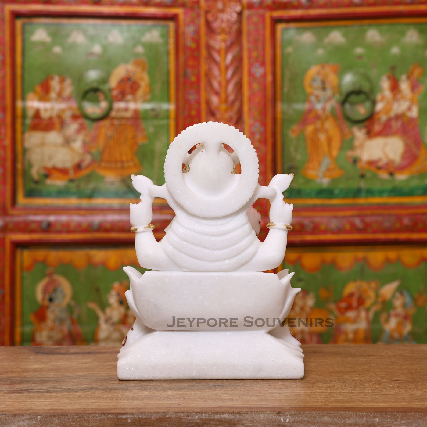 12" Pure White Makrana Marble Lord Ganesha Idol With Cut gold work